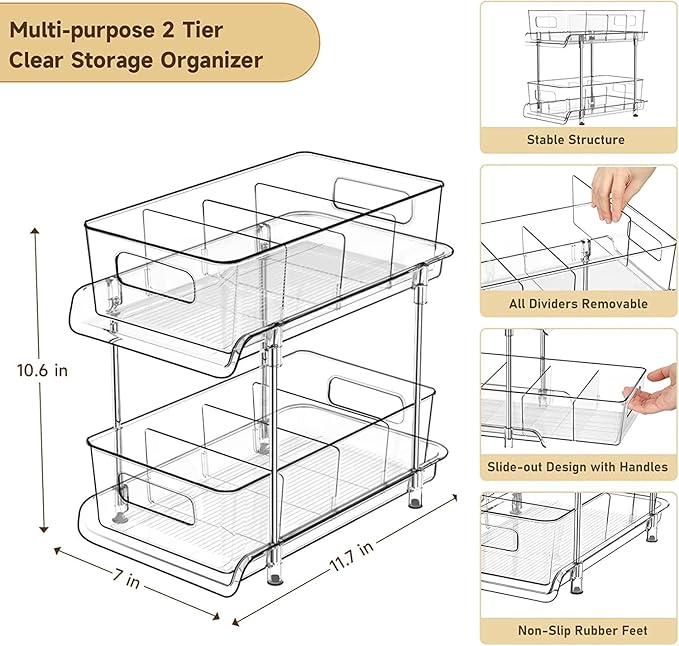 HIHEGD 2 Tier Bathroom Storage With Dividers, Clear Under Sink Pull Out Organizer for Kitchen Pantry, Medicine Cabinet-NeatNest