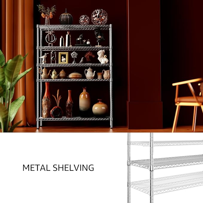 IZEUK 4250 LBS Garage Shelving Wide Storage Shelves 5 Tier Metal Shelves Heavy Duty Adjustable Utility Shelf Rack Chrome 17.7" D x 47.2" W x 70.4" H-NeatNest