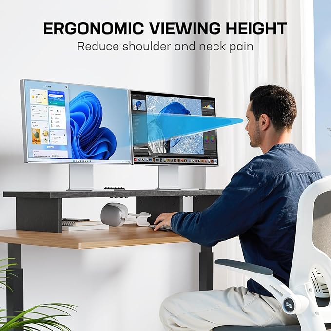 HUANUO Dual Monitor Stand Riser With Cable Clip - Desktop Storage Shelf Organizer for 2 Monitors, Computer, Laptop, Printer, TV