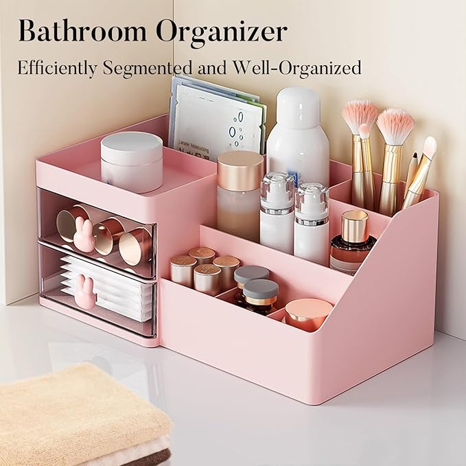 Makeup Organizer, Cosmetic Desk Storage Box with Drawers Skincare Organizers for Dressing Table, Countertop, Bathroom Counter, Vanity Holder for Brushes, Lotions, Lipstick, Perfume (Pink-Clear)-NeatNest