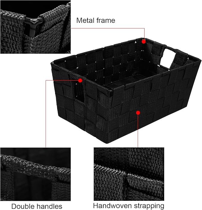 homyfort Woven Black Storage Baskets Shelf Tote Boxes Container, Durable Storage Organizer Bins with Built-in Handles for Bedroom, Office, Closet, Kids Room, Nursery, 3-Pack,11.4”x 6.5”x 4.5”-NeatNest