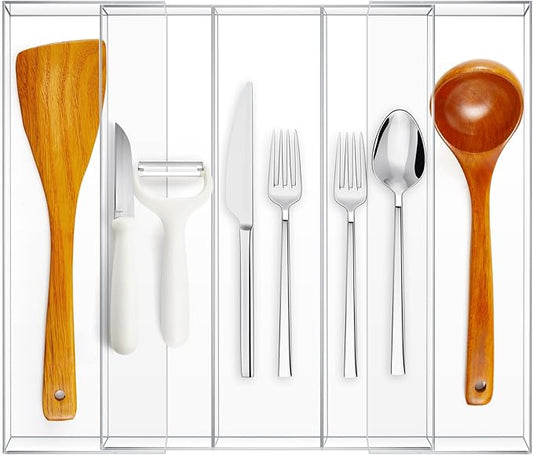 Expandable Kitchen Drawer Organizer Clear Acrylic Utensil Organizer Adjustable Acrylic Silverware Storage for Kitchen Drawers Silverware Flatware Knives(3-5 Compartments,12 x 16 Inches)