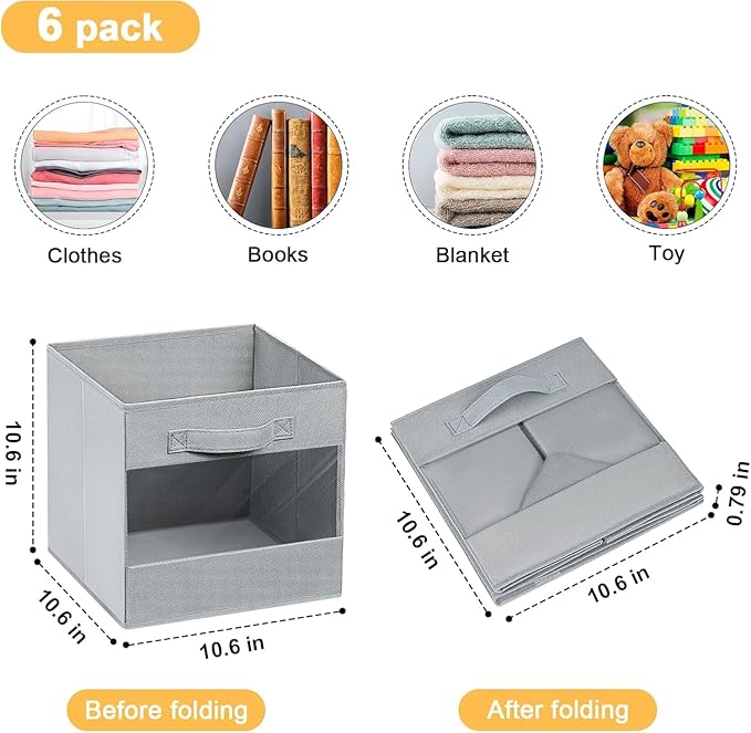 DIMJ Cube Storage Bin, 8 Pack Collapsible Storage Bins, Cube Storage Organizer with Window, Fabric Storage Bins for Shelves, Closet Baskets for Clothes, Toys, Books (Light Grey)-NeatNest