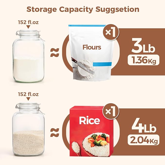 ComSaf Rice Container 152oz, Flour Sugar Storage Containers, Glass Jars with Airtight Lid, 1.17 Gallon Mason Jar, Large Storage Containers with Lids for Pickled Egg, Pasta, Cereal, Beans, Set of 2-NeatNest