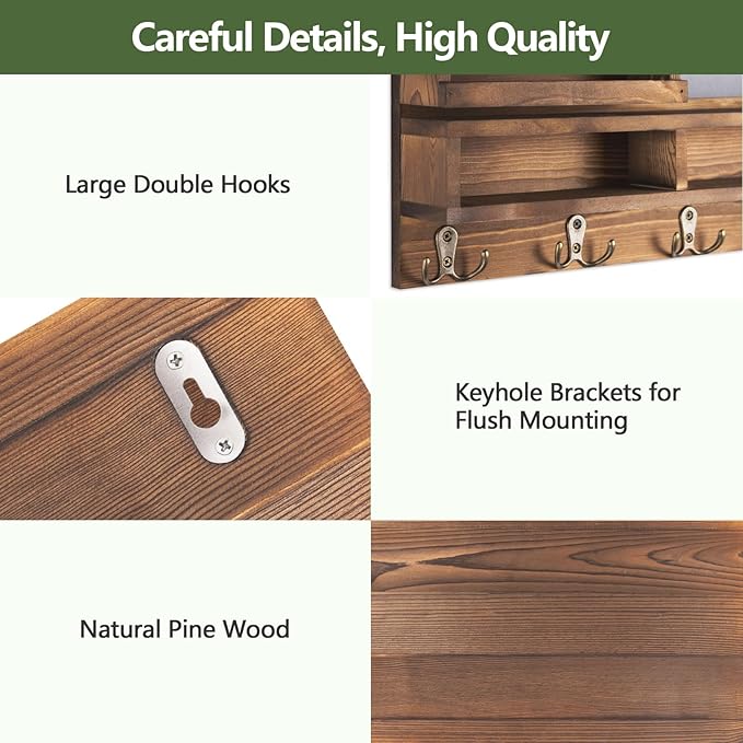 Key Holder for Wall, Wall Mounted Mail Holder Wooden with Shelf & 3 Liquid Chalks & Chalkboard, Mail Sorter Organizer, Rustic Home Decor (15.98”W x 9.1”H x 3.3”D), Burnt Brown