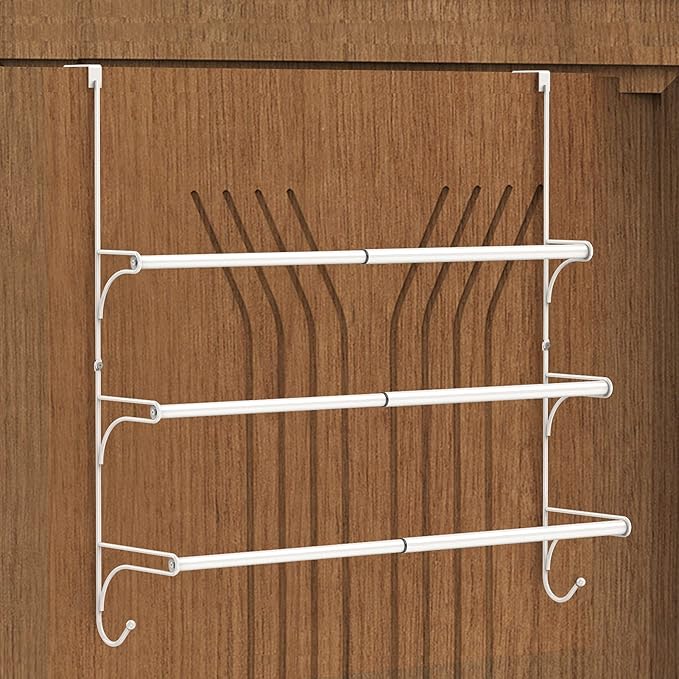 AULEDIO Adjustable Over The Door Triple Towel Rack with Hooks,White