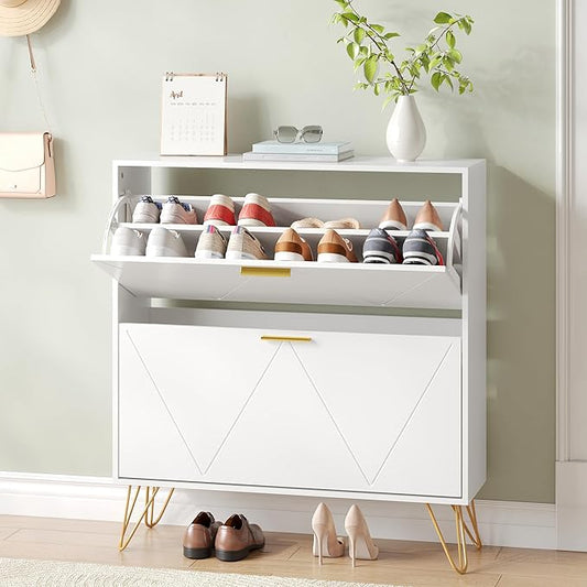 Shoe Cabinet with 2 Flip Drawers, Shoe Storage Cabinet Entryway Slim, White and Gold Narrow Shoe Cabinet w/Metal Legs, Hidden Freestanding Shoe Rack Organizer for Entryway, White-NeatNest
