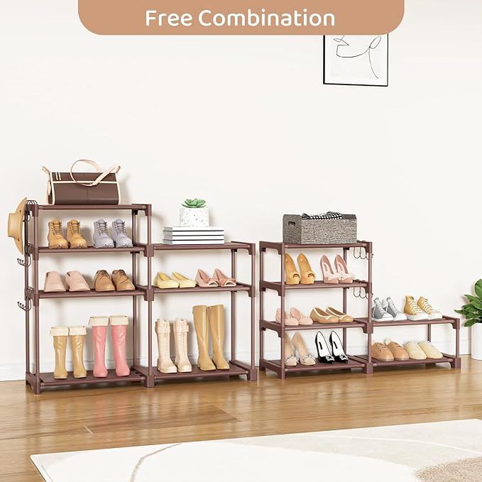 ROJASOP Shoe Rack Organizer, 8-Tier Metal Shoe Rack for Closet Entryway Garage, 26-32 Pairs Tall Shoe Boot Storage Shelf with 15 Hooks, Stackable Large Shoe Stand, Brown-NeatNest