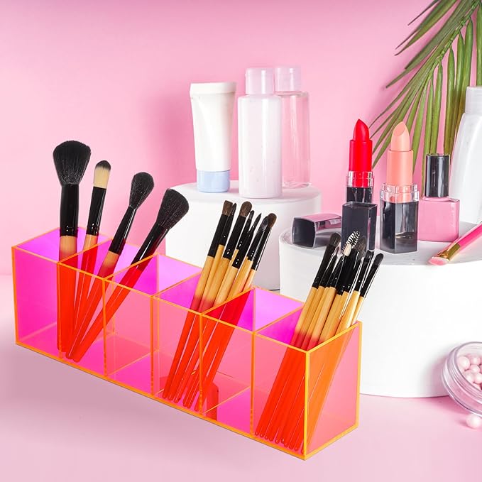 Jetec Acrylic Pen Holder 6 Compartments Makeup Brush Stationery Organizer Pencil Holder for Desk Accessories, Cosmetic Brushes, Dorm, Home, Bathroom, Kitchen, Office Supplies(Neon Pink)-NeatNest