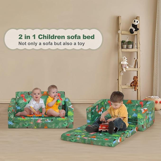 Foam Kid Sofa Couch, 2 in 1 Convertible Sofa to Bed for Baby,Velvet Toddler Sofa Chair with Side Pocket for Kid Playing (W29.92) (Green)-NeatNest
