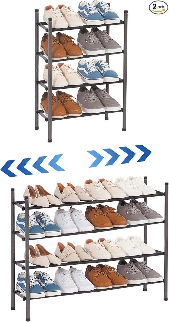 STORAGE MANIAC Expandable Shoe Rack, 16 Pairs Stackable Small Shoe Rack, Metal Adjustable Shoes Organizer for Closet, Entryway, Hallway, Garage, Front Door, Shoes Shelves, Black 4 Tier-NeatNest