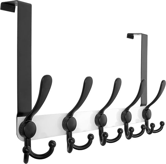 Dseap Over Door Hook 2.0 - Upgraded Version - Simple-Assembly, Strong, Heavy-Duty Stainless Steel 5-Tri-Hook Over The Door Hanger Rack, SimpleStrong Series, White & Black
