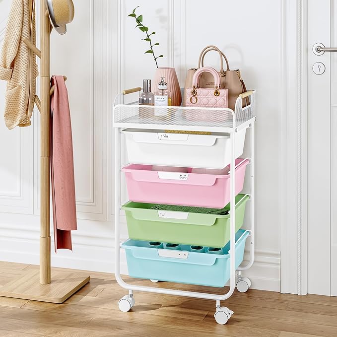 Rolling Cart with 4 Drawers,4 Tiers Rolling Utility Cart Craft Cart,Rolling Storage Drawer Cart with Mesh Top,Storage Cart with Drawers & 4 PCS DIY Lable, Classic Colorful