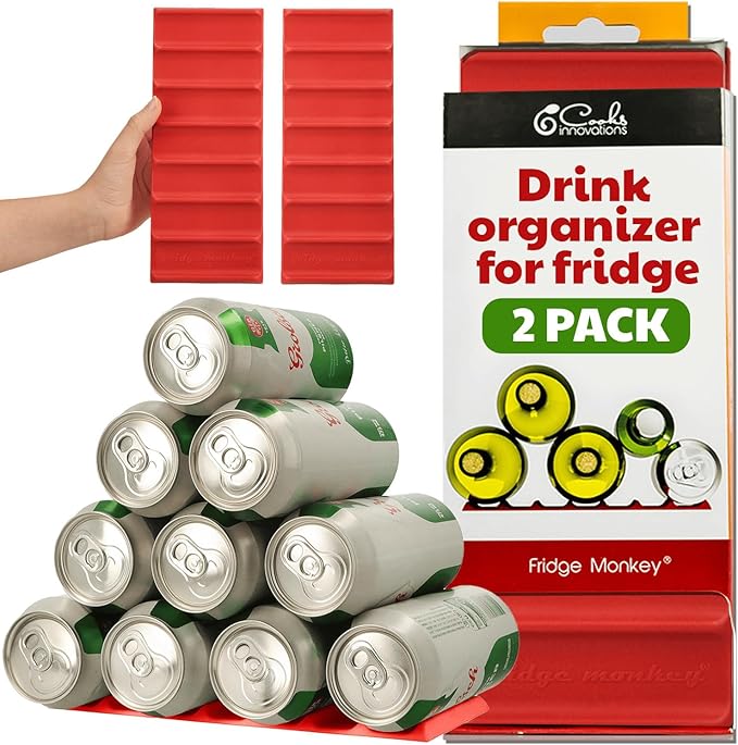 Cooks Innovations Drink Organizer for Fridge, Soda Can Refrigerator Organizers and Storage, Beer-Wine-Water Bottle Holder, Fridge Monkey - Durable Non-Slip Anti-Roll (2 pack, Red)-NeatNest