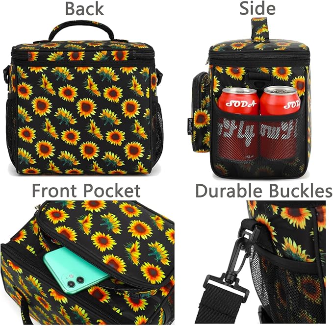 FlowFly Insulated Reusable Lunch Bag Adult Large Lunch Box for Women and Men with Adjustable Shoulder Strap,Front Zipper Pocket and Dual Large Mesh Side Pockets,Sunflower-NeatNest