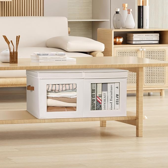 Univivi Large Storage Boxes with Lids, Collapsible Foldable Storage Bins for Clothes, [2-Pack] Fabric Storage Cubes with Handles, Closet Organizers for Home, Bedroom (Beige, 24” x 17” x 12")-NeatNest
