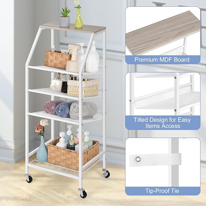 5 Tier Bathroom Towel Rack Cart with Wheels Metal Wood Rolling Utility Cart with Storage Shelves for Home Living Room Bedroom Kitchen, White