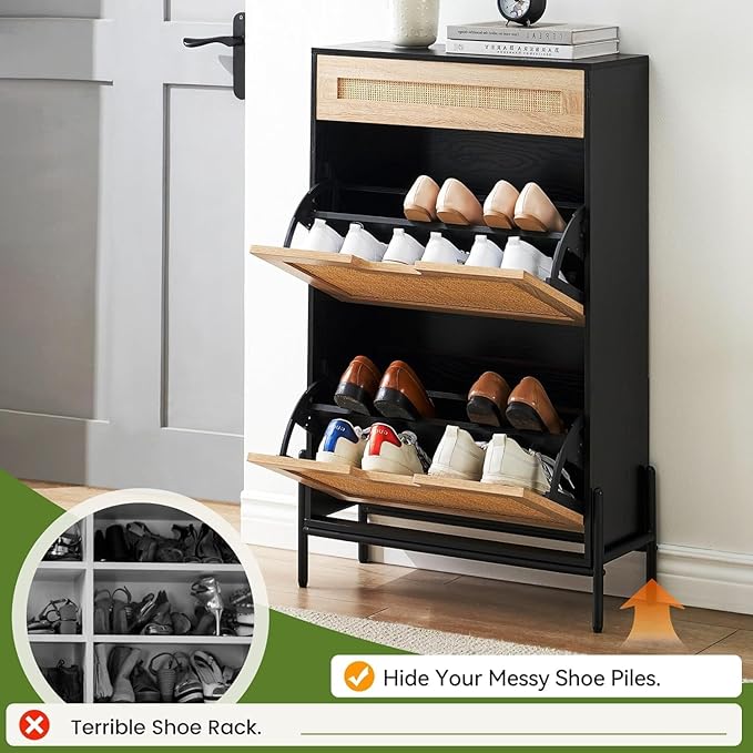 Shoe Cabinet, Shoe Rack Storage Cabinet with 2 Flip Down 1 Drawer, Natural Rattan Freestanding Shoe Cabinet Wood Organizer with 3-Tier Adjustable Shelves for Entryway Hallway Doorway-NeatNest