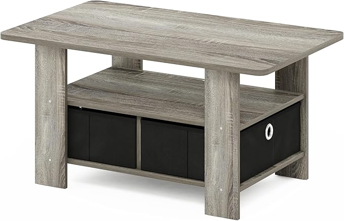 Furinno Andrey Coffee Table with Bin Drawer, French Oak Grey/Black-NeatNest