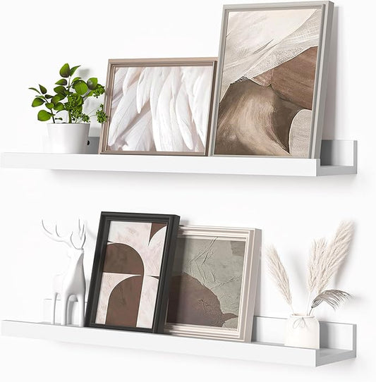Heimlove Picture Ledge Shelf, Floating Shelves Set of 2, 24 Inches Picture Shelf for Wall with Ledge, Kids Bookshelf Wall Mounted for Living Room Bedroom Decor Books Photo Frames - White-NeatNest