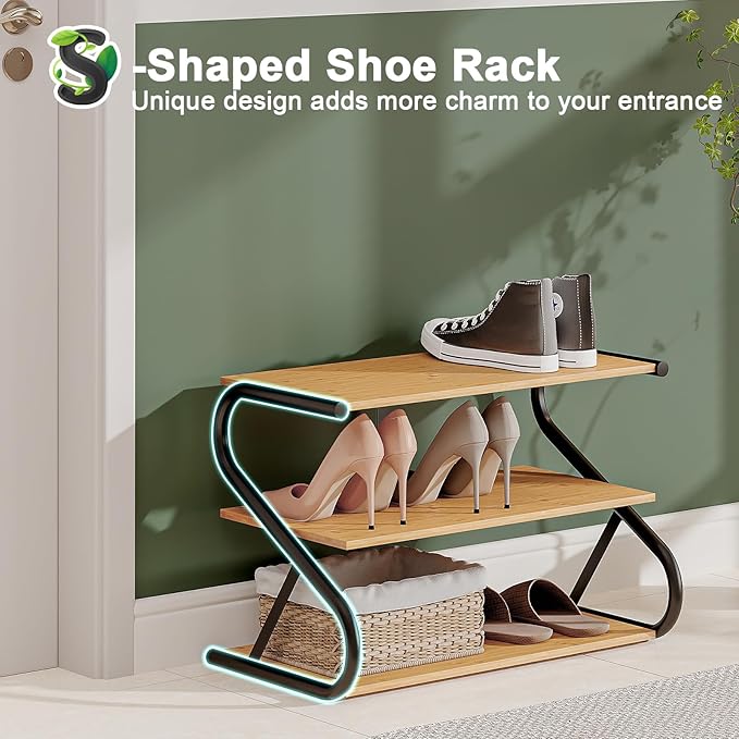 Bamboo Shoe Rack, Z-Frame Wooden 3-Tier Shelf with Durable Metal Shelves, Shoe Organizer for High Heels, Hallway, Living Room, Closet, Bedroom (Natural)-NeatNest