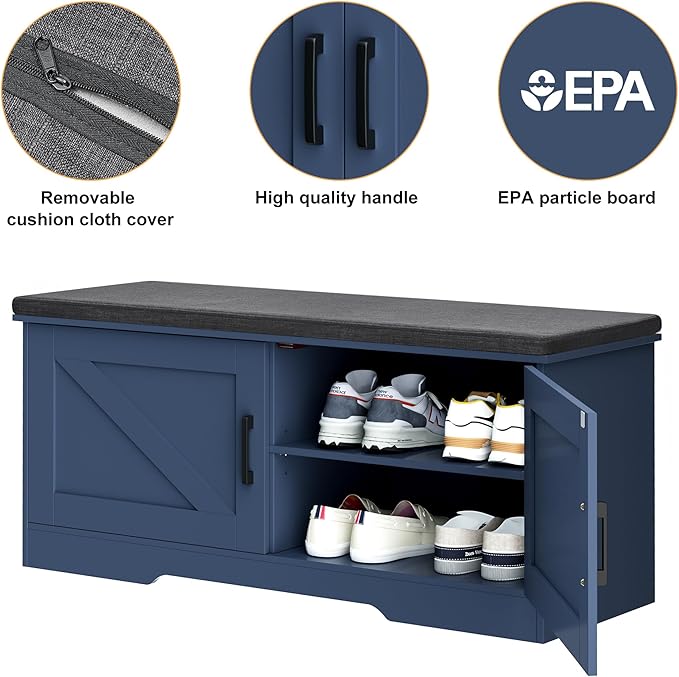 2-Tier Storage Bench, Shoe Bench with Padded Seat Cushion, Entryway Bench with 2 Barn Doors, Adjustable Shelf, 13.8" D x 39.4" W x 17.7" H, for Entryway, Living Room, Bedroom, Blue-NeatNest