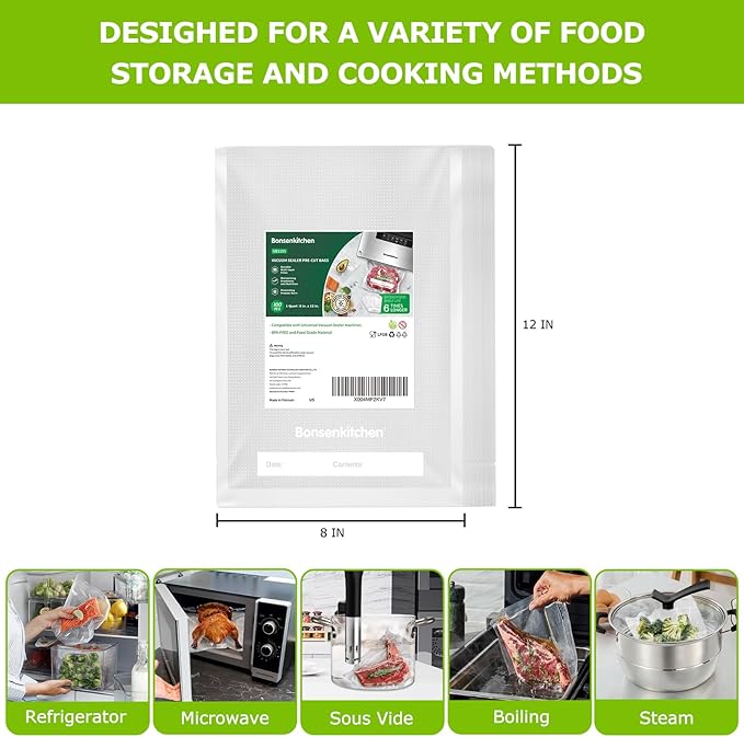 Bonsenkitchen Precut Vacuum Bags 100 Quart 8" x 12", BPA Free, Commercial Grade Textured Food Sealer Bag, Thick Embossed Bags for Storage and Sous Vide Cooking VB3205-NeatNest
