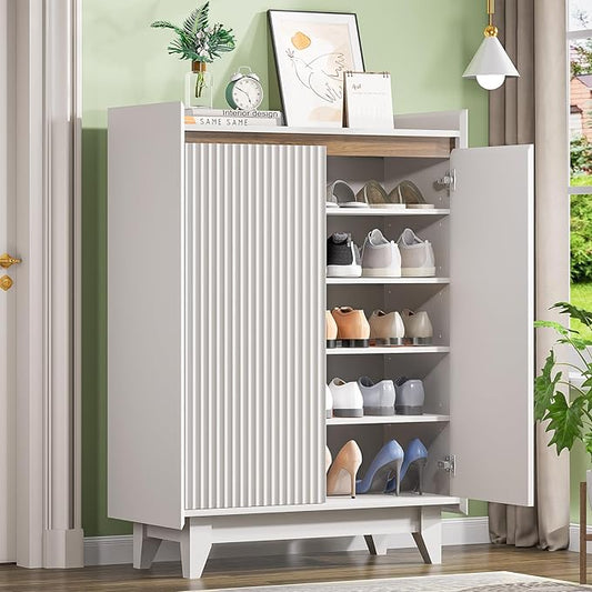 White Fluted Shoe Cabinet, 5-Tier Shoe Storage Cabinet with Adjustable Shelves, 43.7”H Tall Shoe Cabinet Storage for Entryway Hallway Living Room, Shoe Rack Organizer White & Walnut Wave Fluted Design-NeatNest