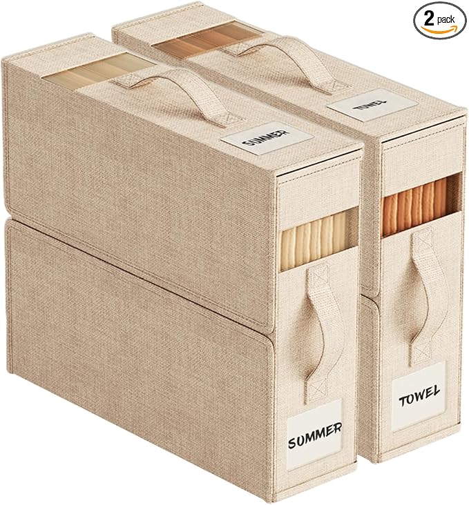 2Pack Sheet Organizers and Storage with Handles – Foldable Linen Closet Storage for King & Queen Sheet Sets – Clear Window & Removable Labels – Dustproof & Space-Saving Design, Beige-NeatNest