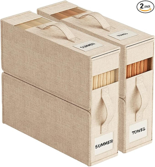 2Pack Sheet Organizers and Storage with Handles – Foldable Linen Closet Storage for King & Queen Sheet Sets – Clear Window & Removable Labels – Dustproof & Space-Saving Design, Beige-NeatNest