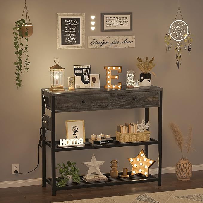 Ecoprsio Entryway Table with Outlets and USB Ports, Small Console Table with 2 Drawers, Sofa Table with Storage Shelves for Living Room, Couch, Hallway, Foyer, Kitchen Counter, 32'', Grey Oak-NeatNest
