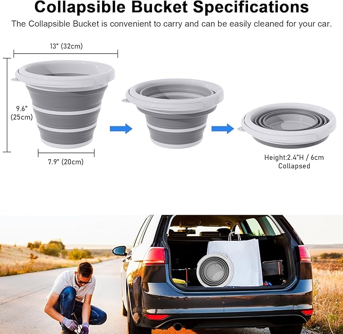 Collapsible Wash Bucket with Microfiber Mitt, 10L (2.6 Gallon) Portable Collapsiblle Buckett with Handle for Car Wash Household Cleaning, Multiuse Collapsibles Water Bucket and Car wash mitt - Grey-NeatNest