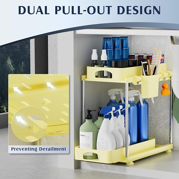 2 Pack Under Sink Organizers and Storage, Height Adjustable Bathroom Cabinet Organizer, 2 Tier Under Sink Organizer with Hooks, Under Cabinet Organizer for Kitchen Bathroom (Yellow-NeatNest