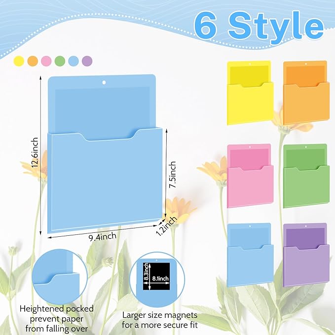 Fuutreo 6 Pcs Magnetic Wall File Organizer Magnetic Wall File Holder Refrigerator Magazine Holder for Mail Letters Paper(Macaron Color,10 x 13 Inch,Vertical)