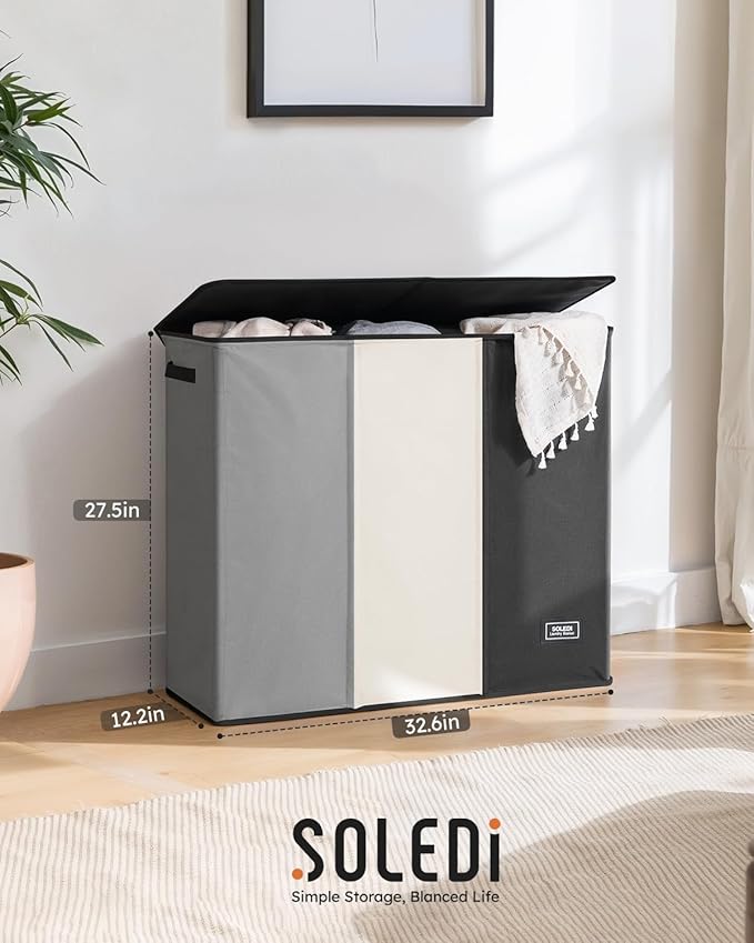 SOLEDI Laundry Hamper 3 Section with Lid and 3 Pcs Laundry Bag, Large Hamper 3 Compartment 180L, Basket Sorter for Bedroom Blanket Storage-NeatNest