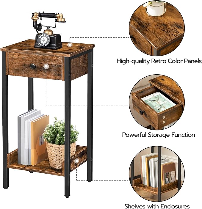 HOOBRO Tall End Table, Nightstand, Industrial Side Table with Drawer and Storage Shelf, for Study, Bedroom, Space Saving, Rustic Brown and Black BF71BZ01