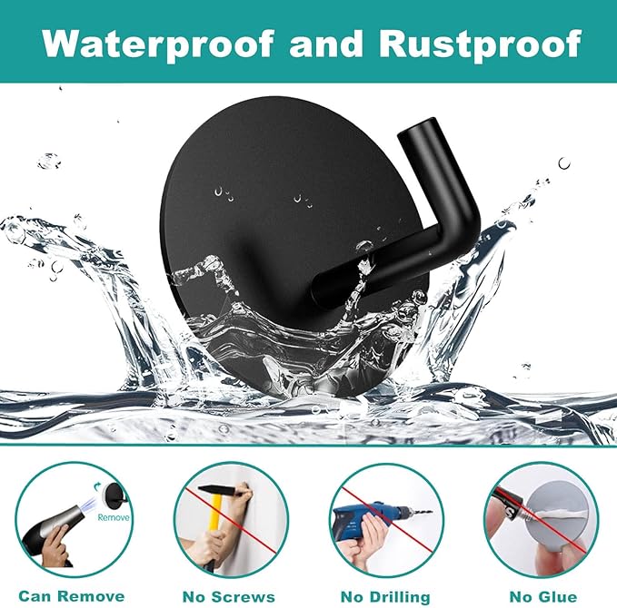 Black Adhesive Hooks 2pcs, Bathroom Towel Heavy Duty Wall Hook 304 Stainless Steel Waterproof for Hanging Robes Towels Hats Bathroom Shower Kitchen-NeatNest