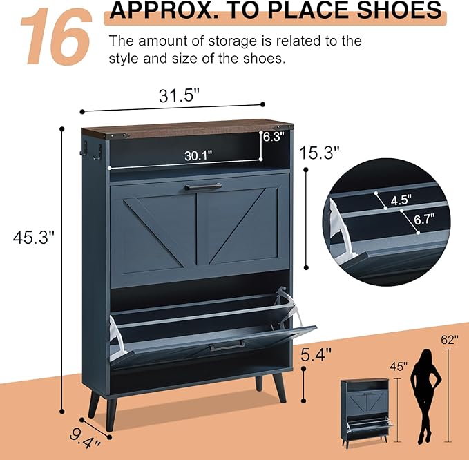 Shoe Storage Cabinet,Farmhouse Shoe Organizer with 2 Flip Drawers & Barn Door Design,Freestanding Hidden Slim Narrow Shoe Rack Cabinet with Open Storage for Entryway, Foyer,Hallway,Blue-NeatNest
