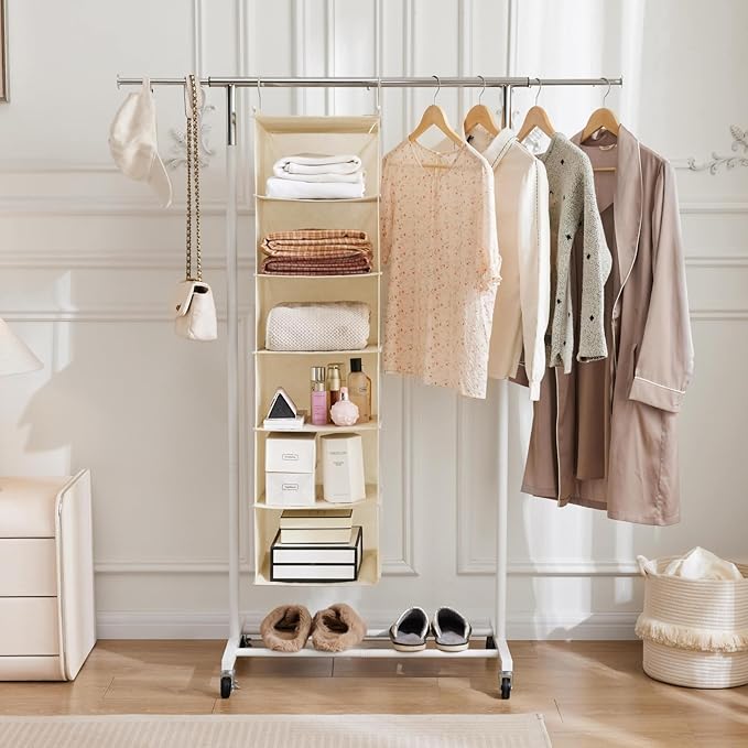 MAX Houser 6 Tier Shelf Hanging Closet Organizer, Cloth Hanging Shelf with 2 Sturdy Hooks for Storage, Foldable (Beige)-NeatNest