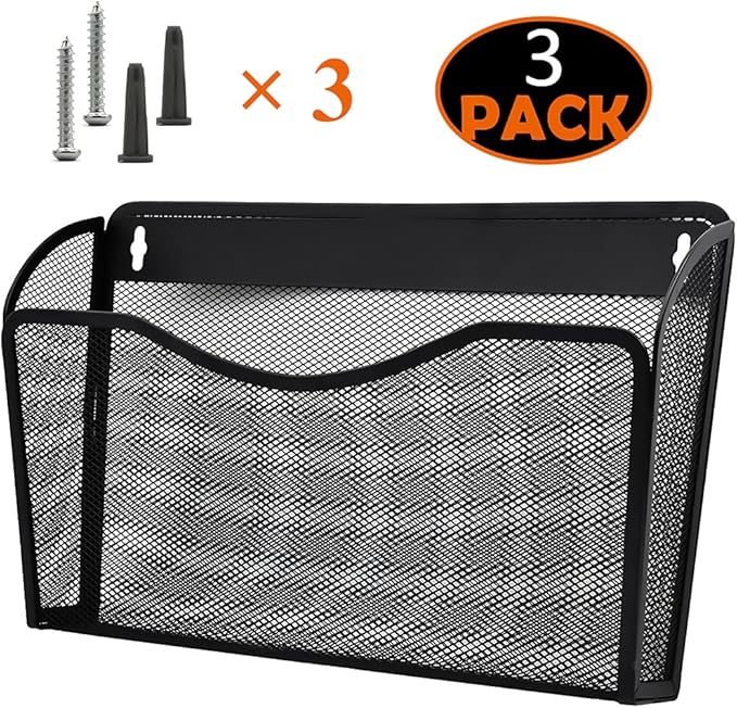 COSYAWN 3 Pack Mesh Wall Mounted File Holder, Metal Hanging Paper Folder Organizers, Single Pockets for Classroom Home and Office Black-NeatNest