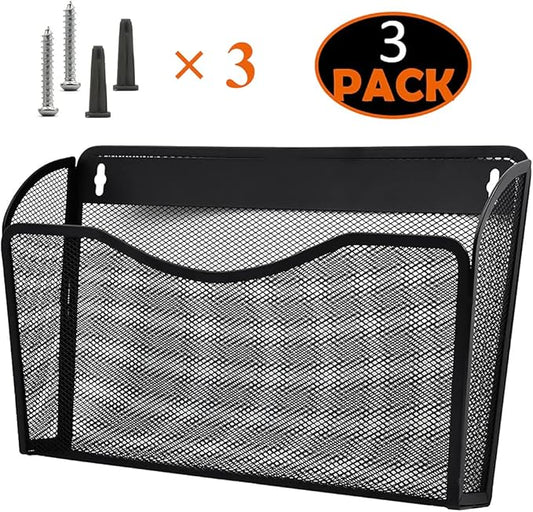 COSYAWN 3 Pack Mesh Wall Mounted File Holder, Metal Hanging Paper Folder Organizers, Single Pockets for Classroom Home and Office Black-NeatNest