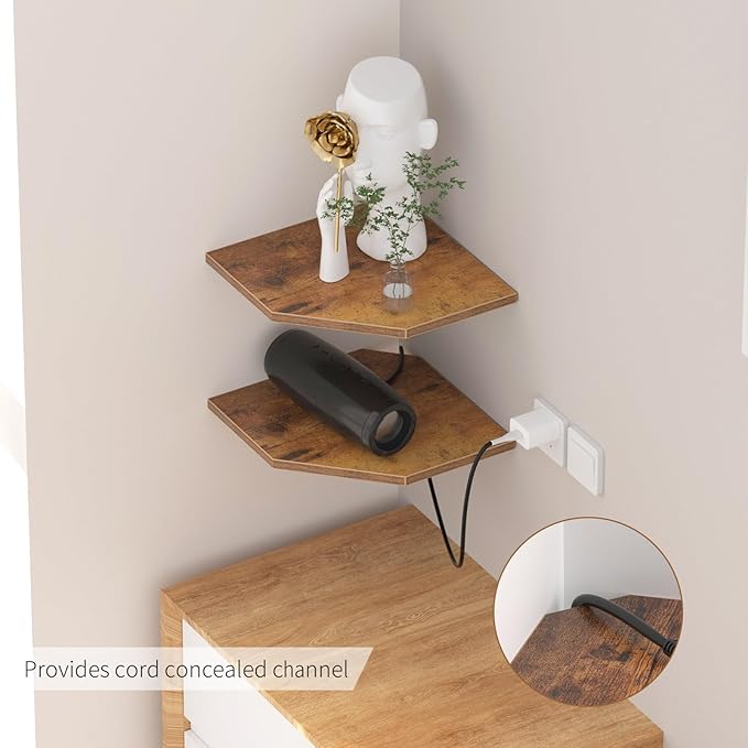JJL Corner Shelf, 12 Inch Set of 4 Floating Shelves for Wall with Wire Hole for Security Camera and Radios Storage, 13.3 Inch Deep Wall Mounted Shelves for Living Room Corner Decoration, Rust Brown-NeatNest
