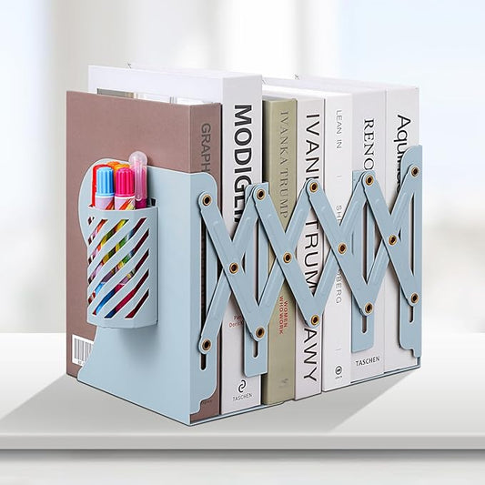 Honagu Adjustable Bookends, Metal Book Ends for Shelves Heavy Book, Desk Magazine File Organizer for Home, Office, Books, Papers, Extends up to 19 inches with Pen Holder (Light Blue)