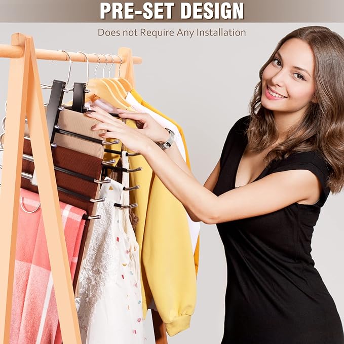 4 Pack 6-Tier Space Saving Pant Hangers, Anti-Slip, Lightweight, Stainless Steel, Black, 6 Pairs Jeans Hangers-NeatNest