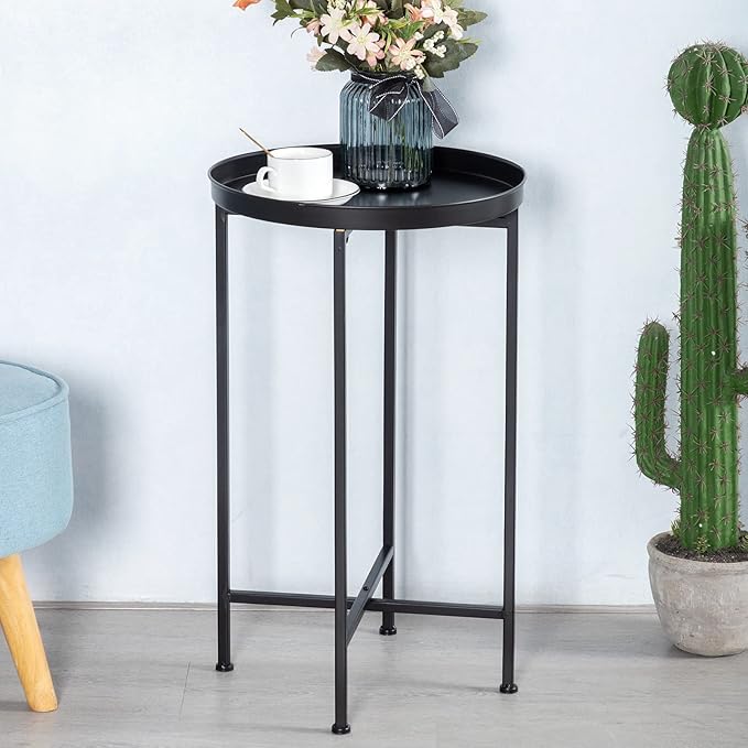 HollyHOME Small Round Metal Waterproof End Table, Accent Indoor&Outdoor Coffee Side Table, Snack Sofa Table for Living Room, Anti-Rust Decorative Plant Stand, (D) 14.5" x (H) 25", Black-NeatNest