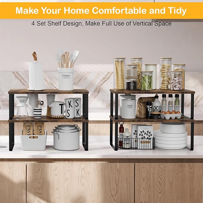 Cabinet Shelf Organizers, 15.7 inches Large Kitchen Counter Shelf, Set of 4 Wood Kitchen Pantry Organizer, Storage Shelves for Countertop, Spice Rack, Stackable, Expandable, Metal Black, Brown-NeatNest