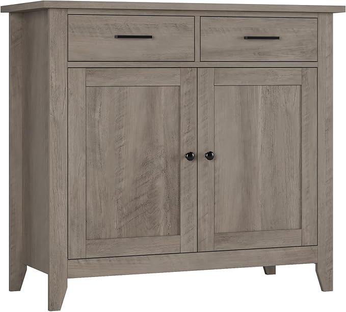 HORSTORS Kitchen Storage Cabinet, Modern Farmhouse Buffet Cabinet with Storage, Coffee Bar with 2 Drawers and 2 Doors, Floor Sideboard Buffet for Living Room, Dining Room, Bathroom, Grey