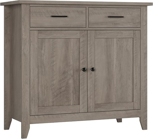HORSTORS Kitchen Storage Cabinet, Modern Farmhouse Buffet Cabinet with Storage, Coffee Bar with 2 Drawers and 2 Doors, Floor Sideboard Buffet for Living Room, Dining Room, Bathroom, Grey