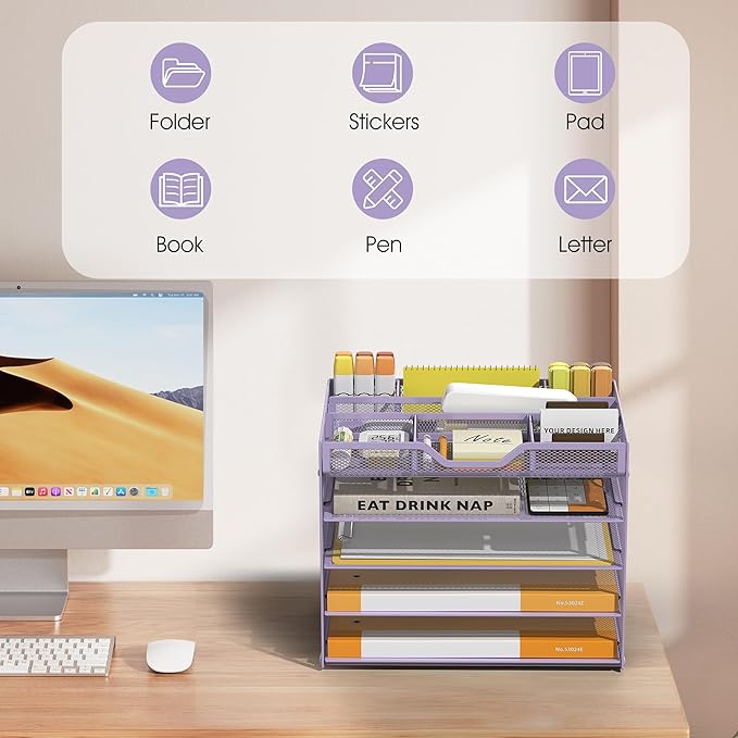 5 Tier Paper Letter Tray with 3 Drop-in Pen Holders, Mesh Desk File Organizer with Handle, Desk Organizers and Accessories for School,Home, Office Supplies Storage-Purple-NeatNest