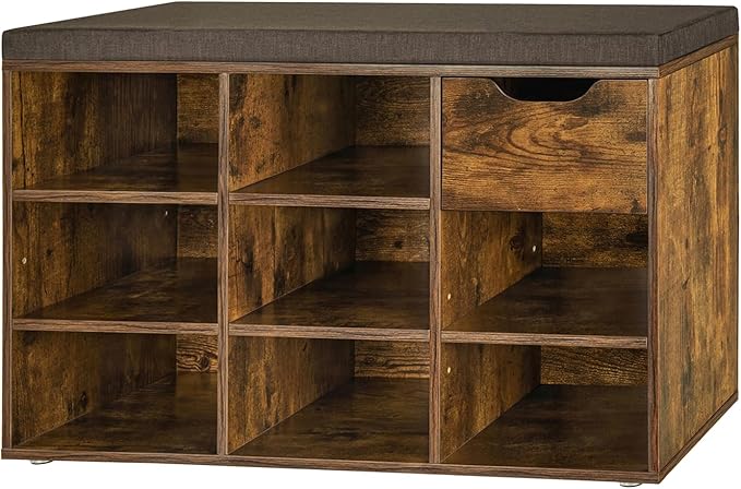 DINZI LVJ Shoe Bench, Entryway Storage Bench with Drawer and 8 Cubbies, Cubby Shoe Rack with Adjustable Shelves, Shoe Organizer Cabinet for Living Room, Bedroom, Mudroom and Garage, Rustic Brown-NeatNest